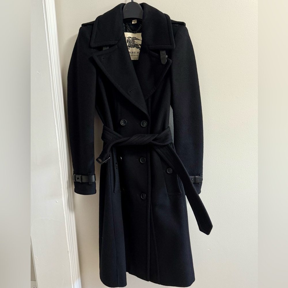 Burberry Black Leather Trim Wool Cashmere Trench Coat
